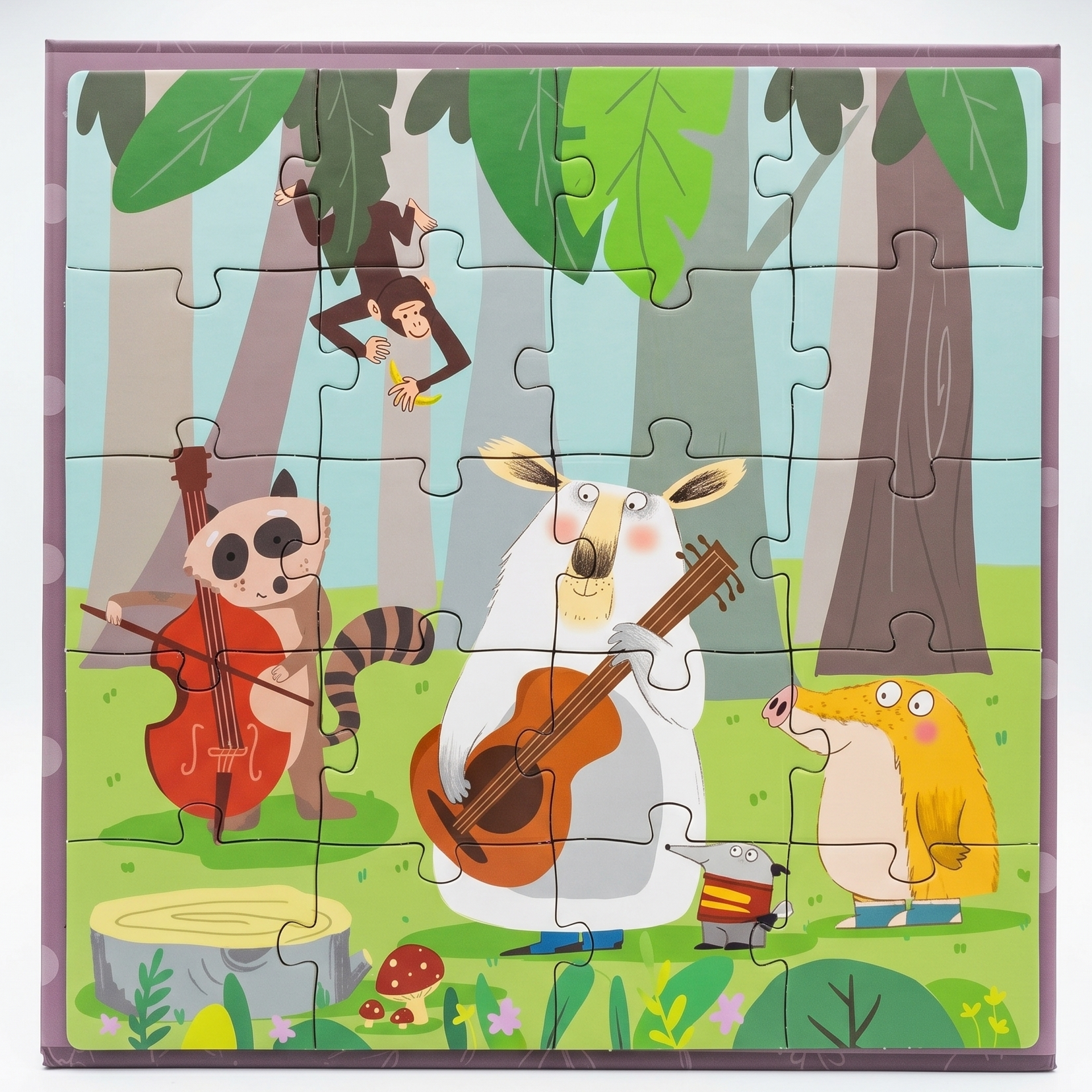Children's puzzle with cartoon animals playing music in a forest setting