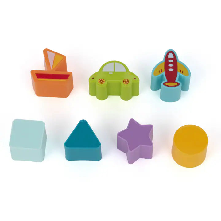 Set of colorful children's shape blocks on a white background