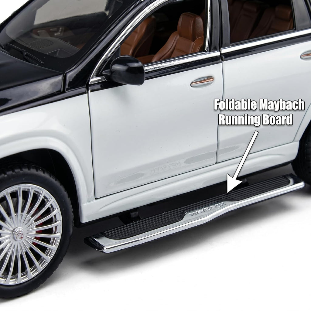 White car with a foldable Maybach running board highlighted on a white background