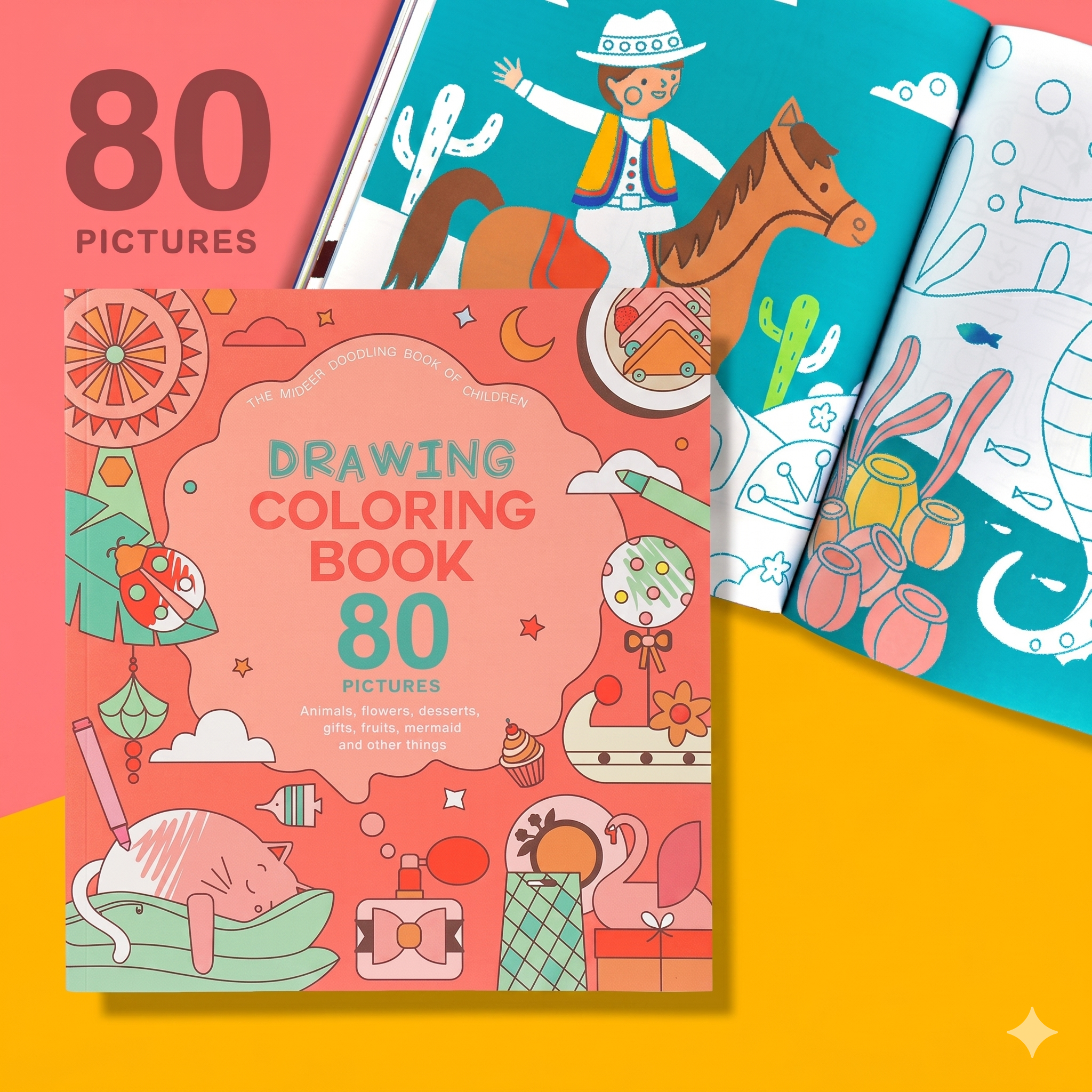 كتاب تلوين ميدر الوردي - 80 صفحة بتصاميم رائعة - حيوانات، حوريات البحر، وأكثر