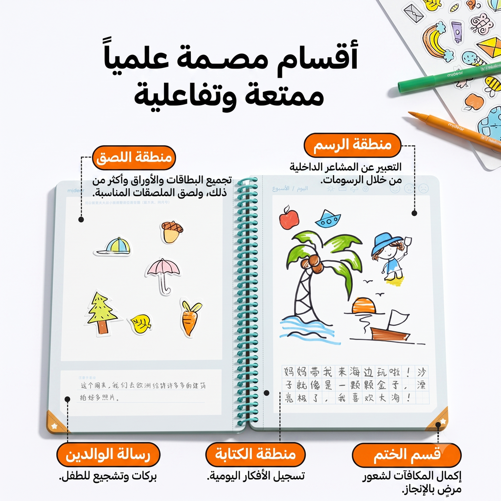 دفتر يوميات الرسم ميدير باللغة الإنجليزية - 5 أنماط صفحات وملصقات