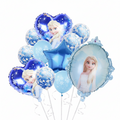 A balloon bouquet featuring Elsa-themed foil balloons in blue and light blue, including heart, oval, star, and snowflake designs with printed character artwork, shown on a white background.
