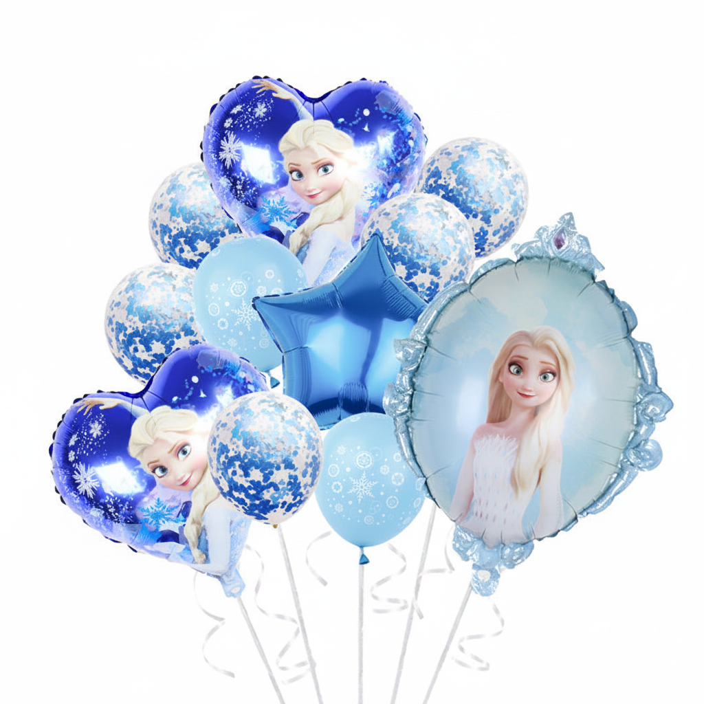A balloon bouquet featuring Elsa-themed foil balloons in blue and light blue, including heart, oval, star, and snowflake designs with printed character artwork, shown on a white background.