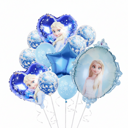 A balloon bouquet featuring Elsa-themed foil balloons in blue and light blue, including heart, oval, star, and snowflake designs with printed character artwork, shown on a white background.