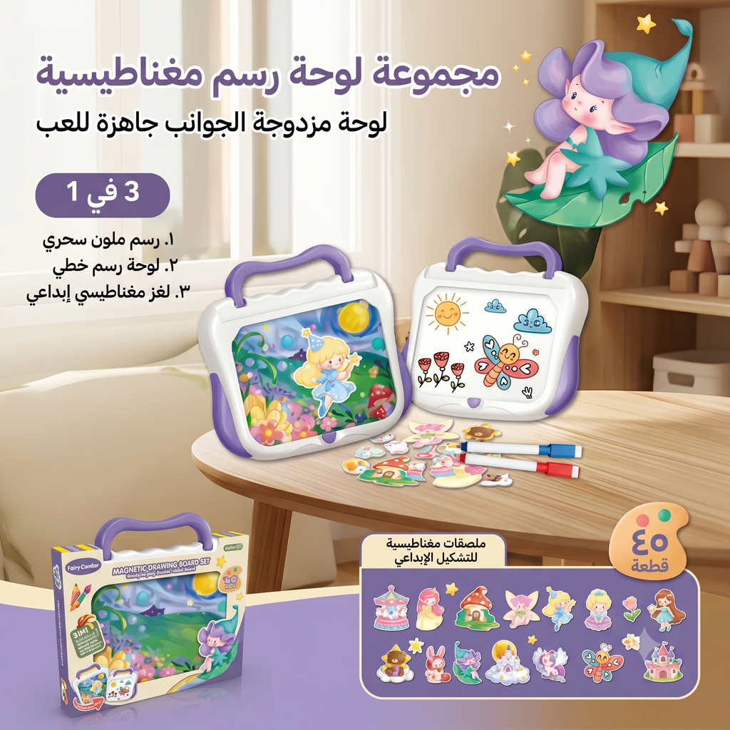 لوح رسم مغناطيسي مزدوج  3 في 1 - 40 ملصقة مغناطيسية + حقيبة محمولة