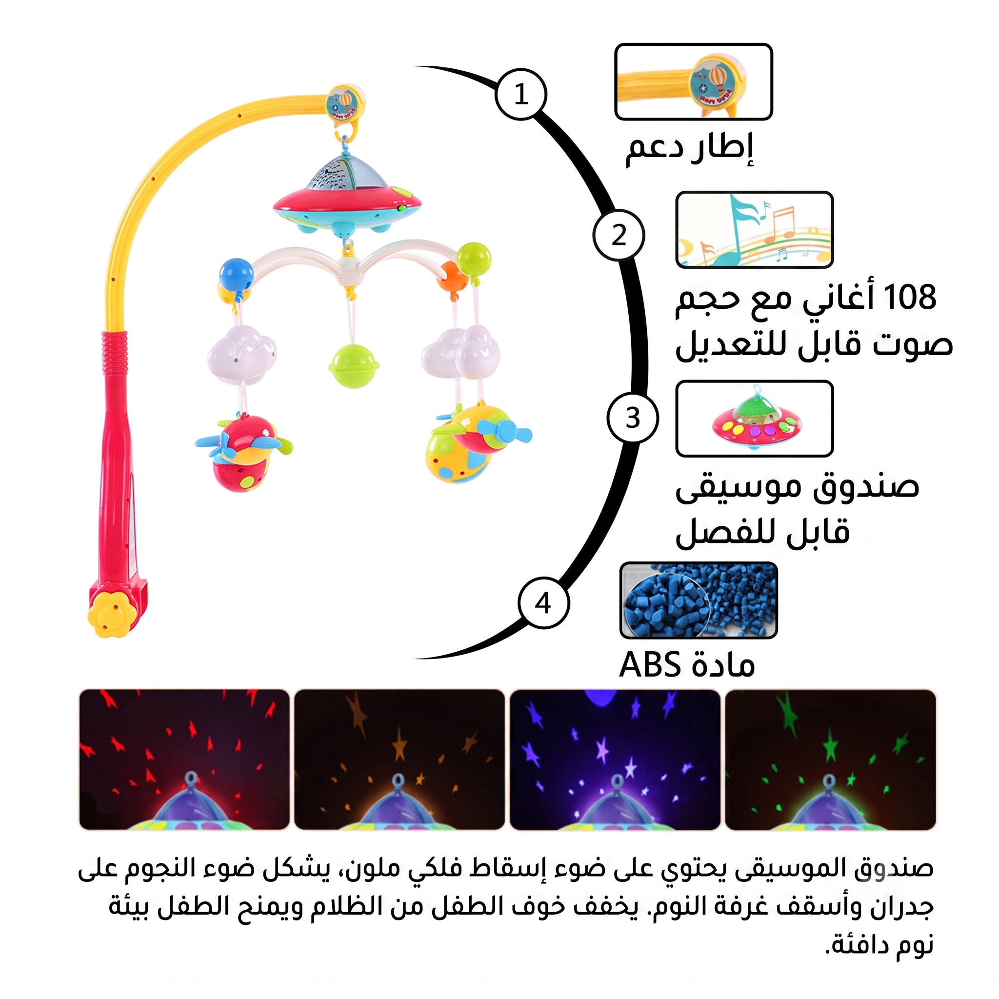 موبايل سرير الرضع موسيقي وبروجيكتر بضوء نجوم وريموت كنترول - 108 لحن متعددة