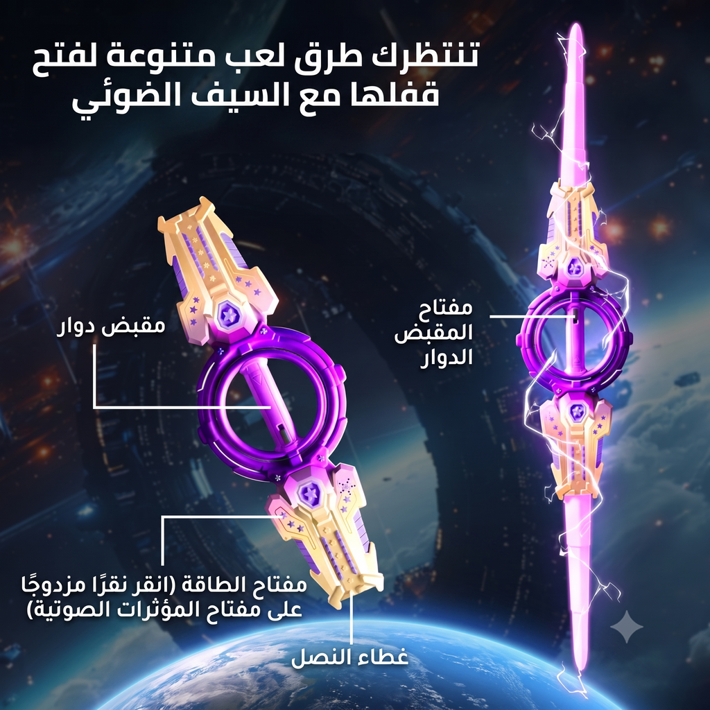 سيف النار المضيء بـ 7 ألوان  ومؤثرات صوتية - قابل للتمدد والدوران