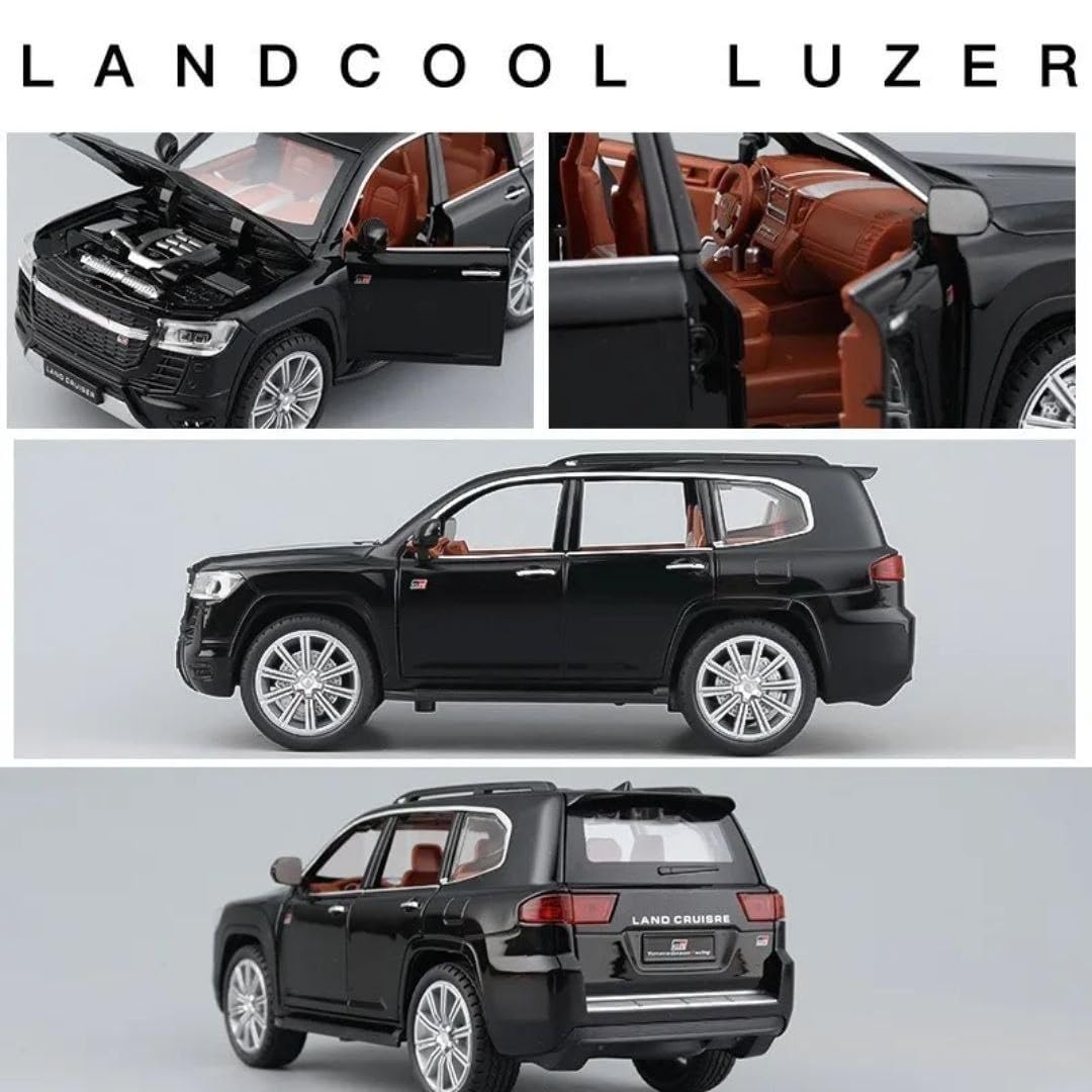 Model of a black SUV with open doors and detailed interior, featuring the brand 'Landcool Luzer'.