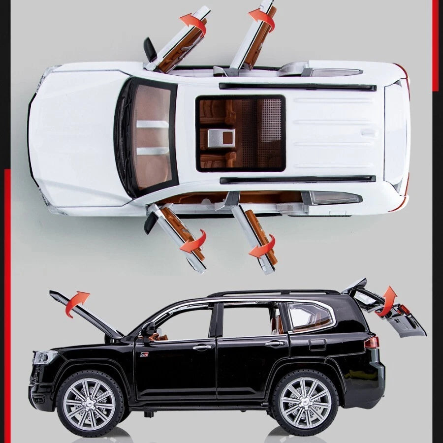 Top-down view of a white car with a wooden interior and a black SUV below.