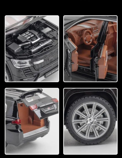 Collage of a toy car model showing engine, interior, open trunk, and wheel.