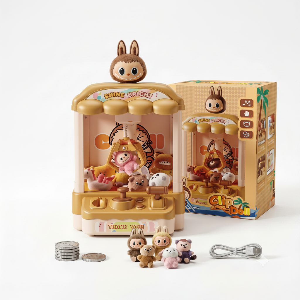 Toy claw machine with figures and packaging on a white background