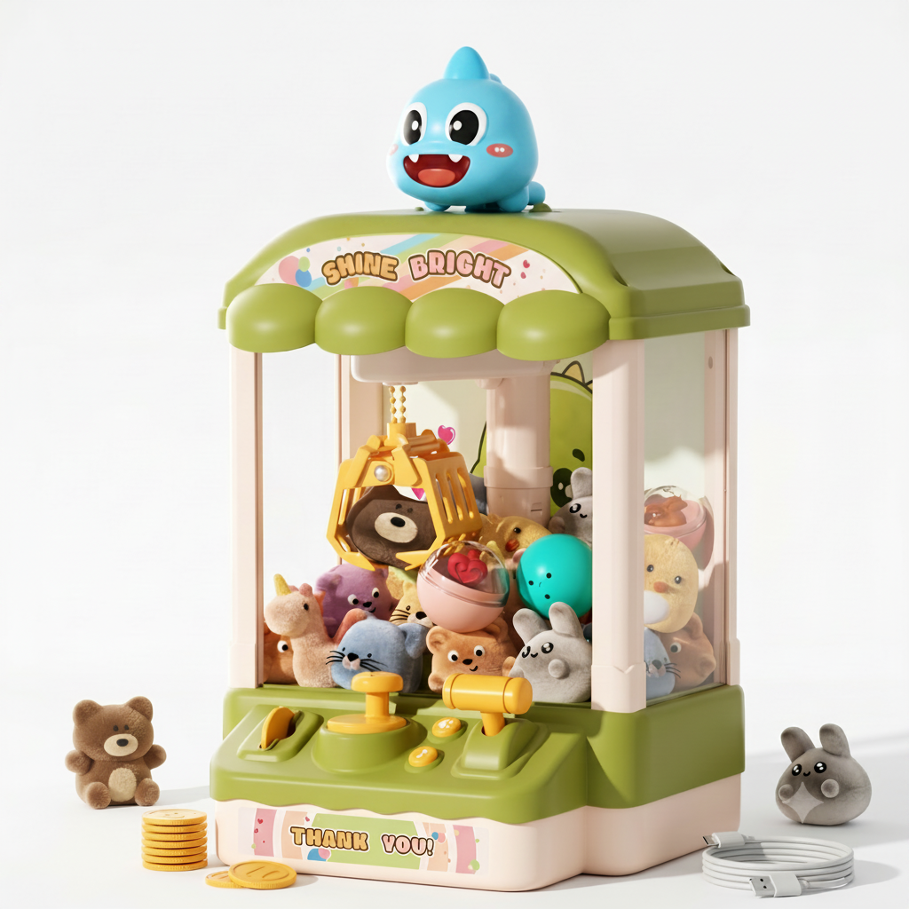 Toy claw machine with various small toys inside on a white background