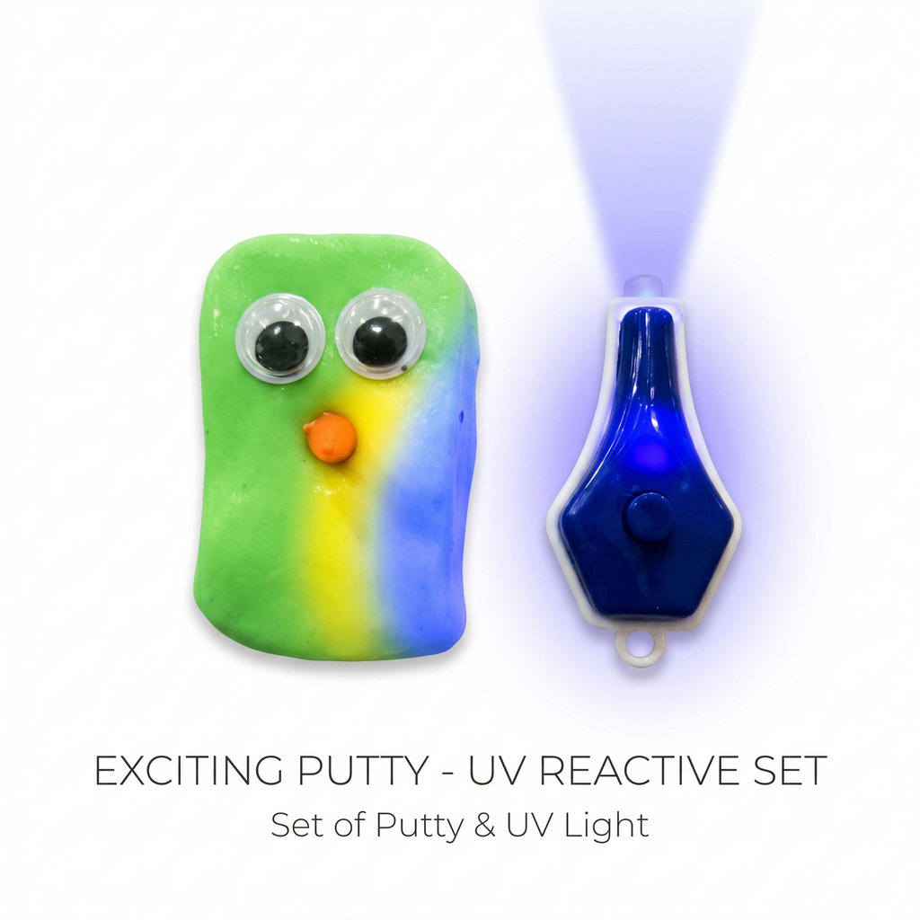 UV reactive putty set with a blue light on a white background