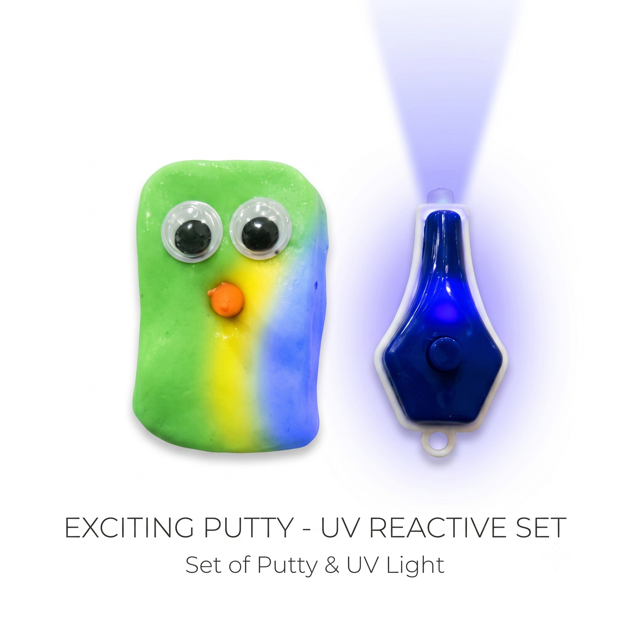 UV reactive putty set with a blue light on a white background