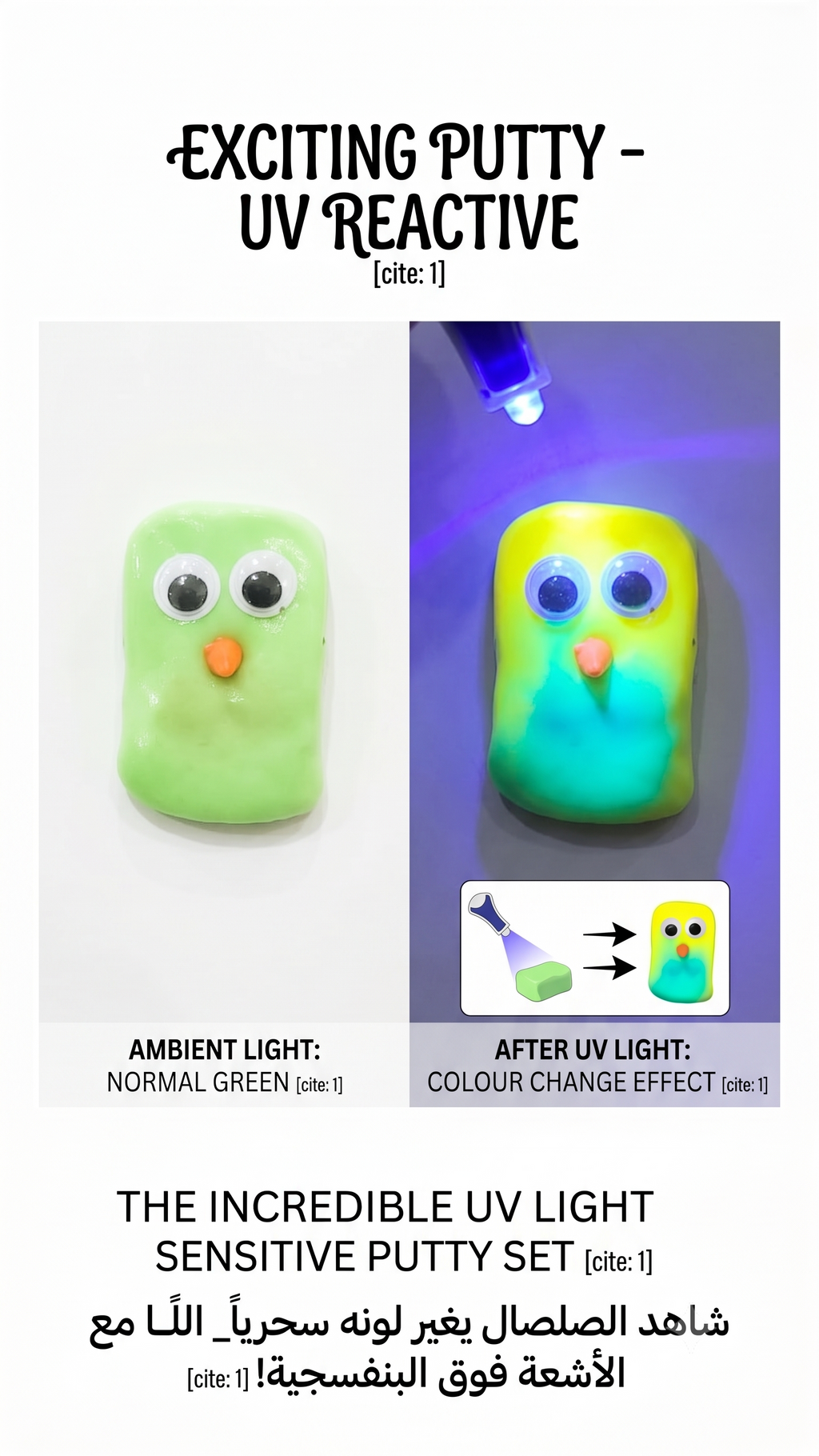 Two UV reactive putty items, one green and one multicolored, under normal light and UV light.