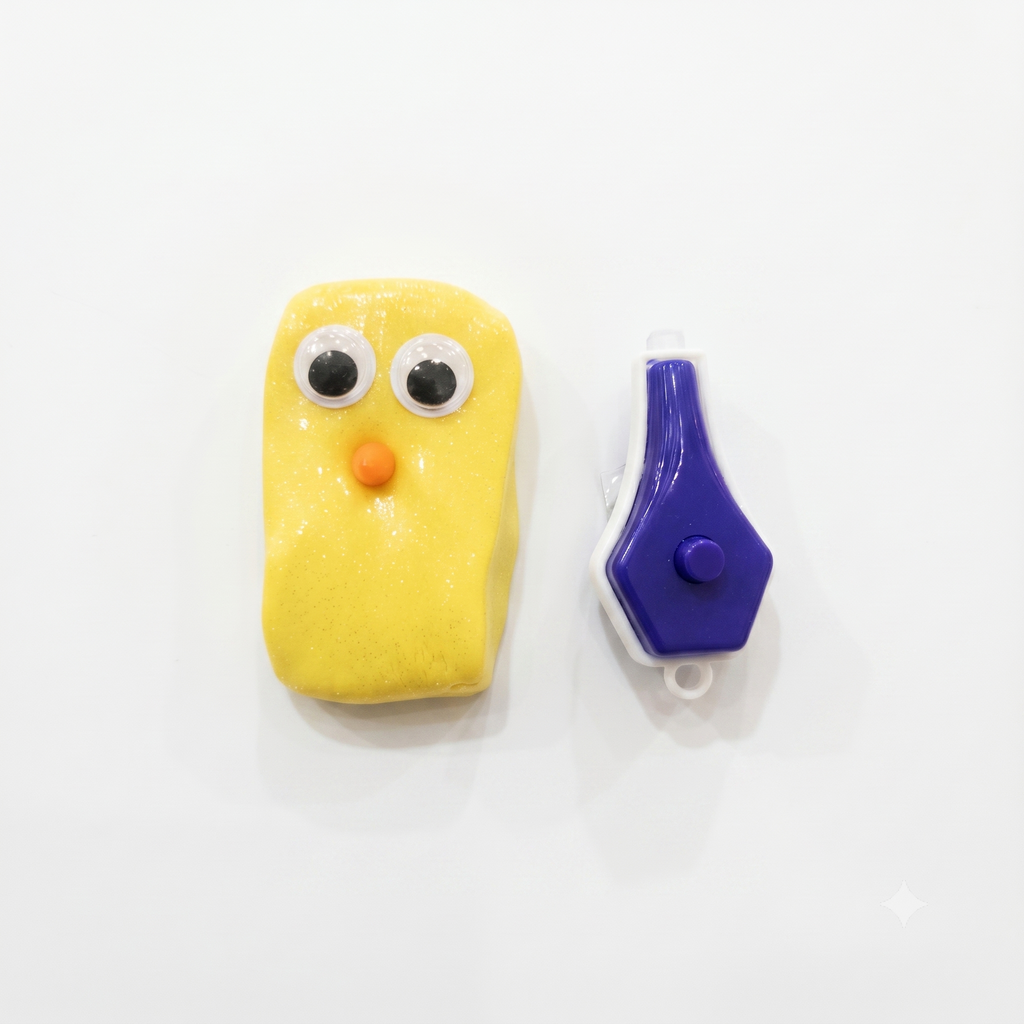 Yellow bird-shaped object with googly eyes and an orange beak, next to a purple and white device on a white background.