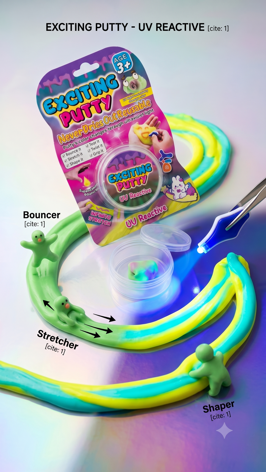 UV reactive putty with packaging and tools on a gradient background