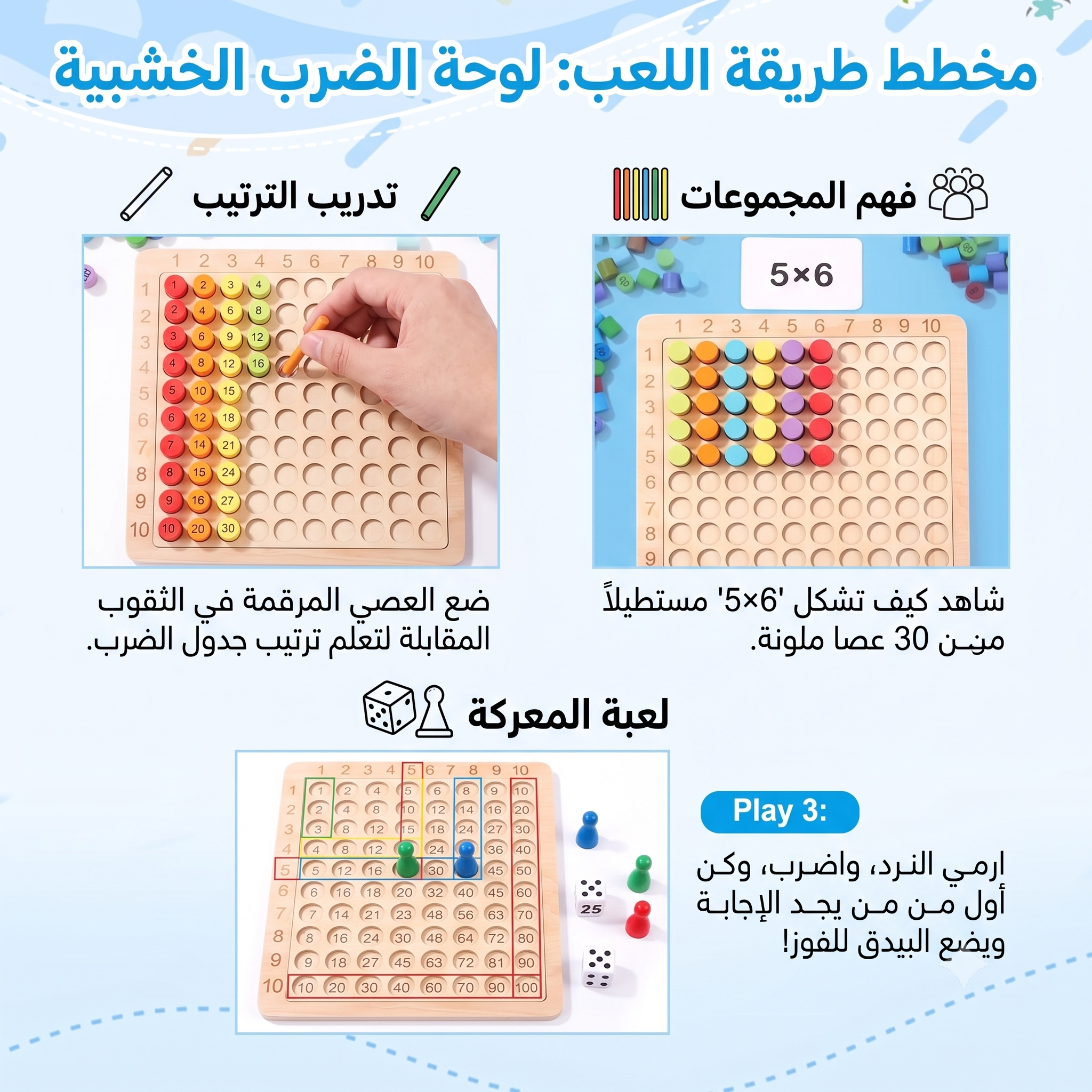لوحة الضرب الخشبية 3 في 1  - لعبة رياضيات تعليمية