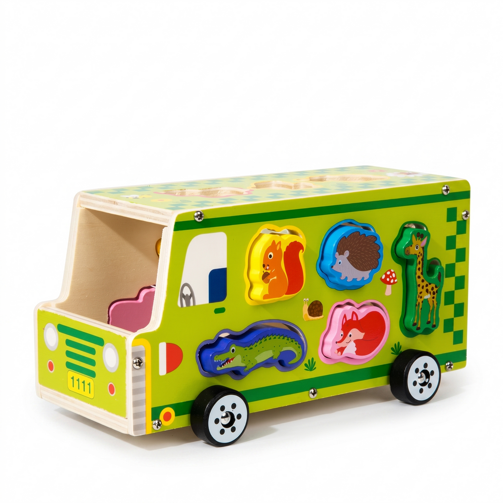 لعبة خشبية متعددة الوظائف | حافلة حمراء + فرز أشكال + لعبة المطرقة والكرات