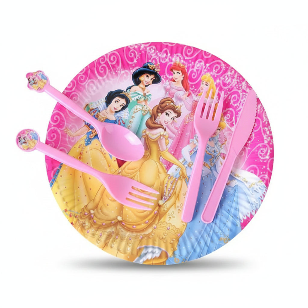 A round children's plate and matching pink utensil set featuring Disney princess illustrations, including Cinderella, Belle, Snow White, and Ariel, on a plain white background.