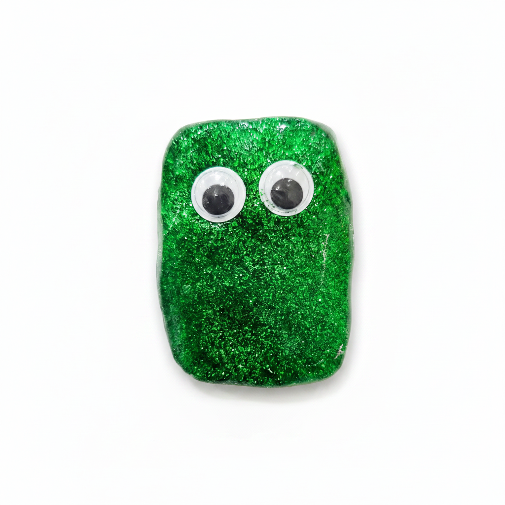 Green glittery rectangular object with googly eyes on a white background