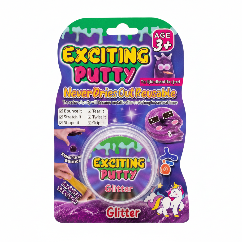 Exciting Putty packaging with purple glitter putty on a white background