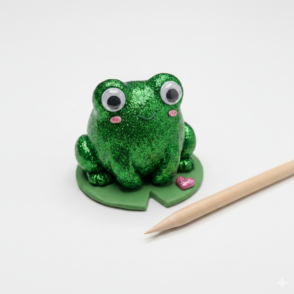 Green glittery frog figurine with googly eyes on a white background