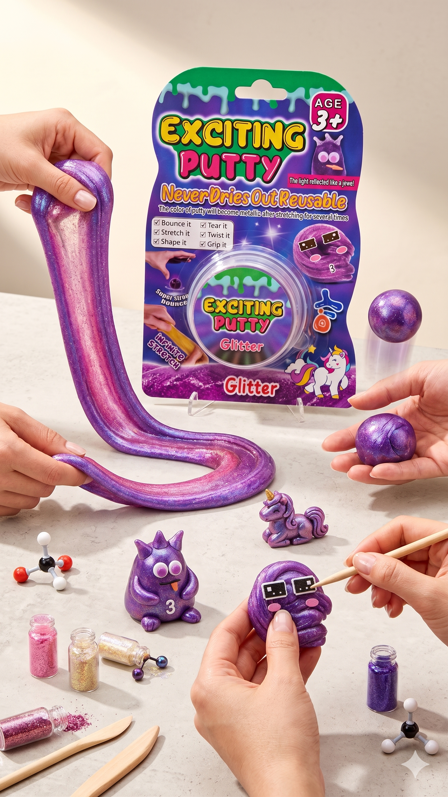 Exciting Putty kit with purple putty and packaging on a light background