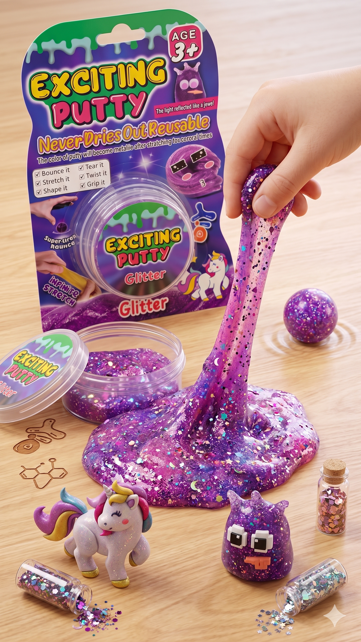 Purple glitter slime being stretched with packaging and toys on a wooden surface