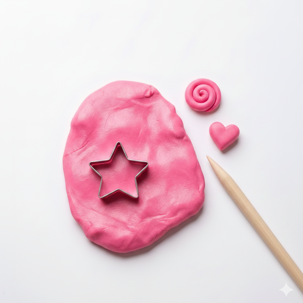 Pink modeling clay with a tool on a white background