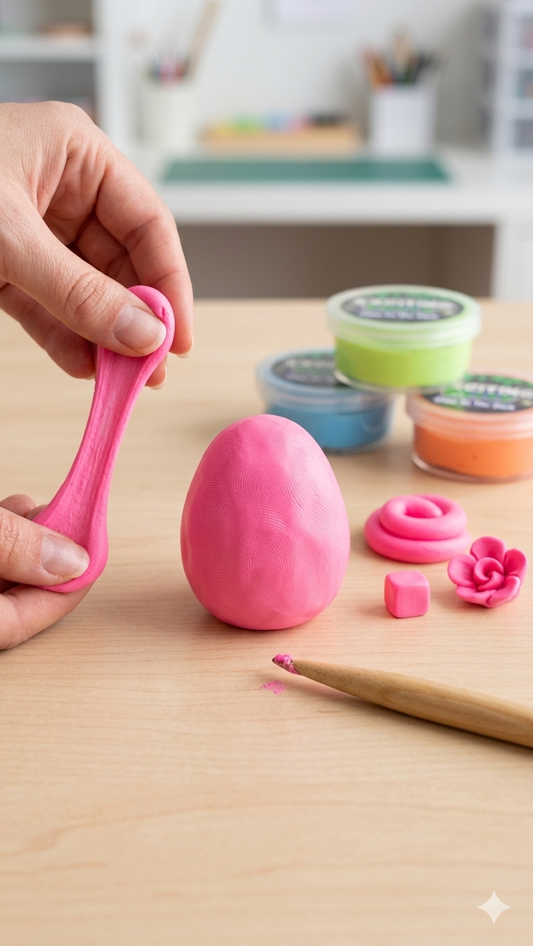 Pink modeling clay being shaped with a tool on a wooden table, surrounded by other colors of clay and tools.