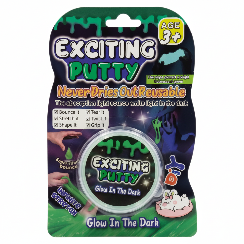 Exciting Putty packaging with glow-in-the-dark feature on a white background