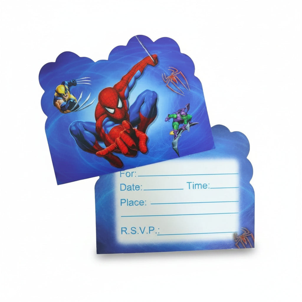 Spider-Man themed party invitation card with a blue cloud-shaped front featuring Spider-Man and other Marvel characters, and a matching back with fill-in lines for event details.