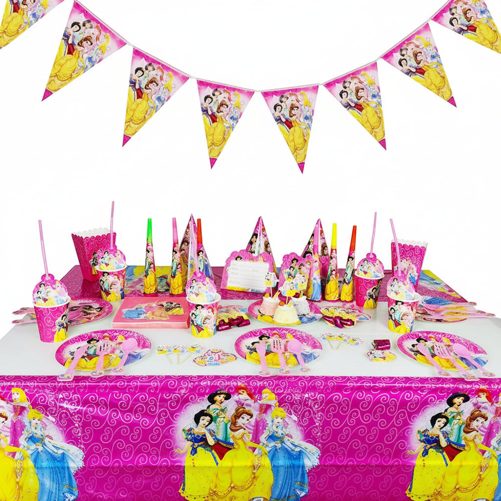 A Disney-themed children's party table setup with a bright pink tablecloth, matching paper plates, cups, napkins, and party hats, along with a pink bunting banner featuring Disney princess illustrations.